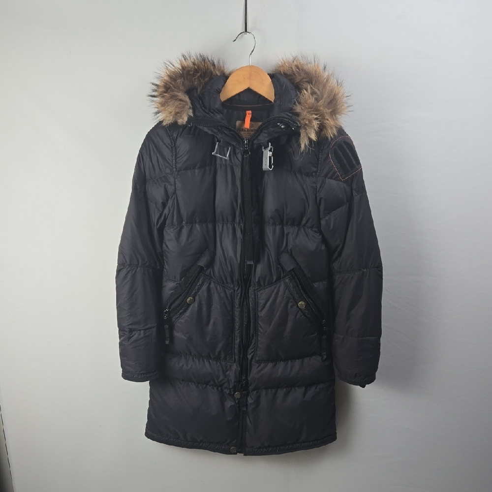 PJS Parajumpers Women's Black Long Down Coat with Removable Fur Hood Trim Sz XS
